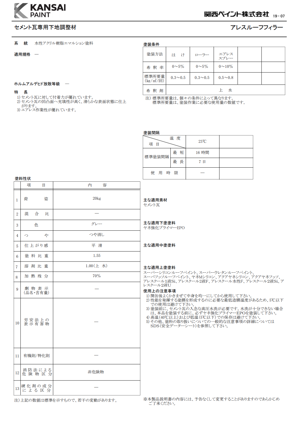 アレスルーフフィラー 20KG ＃セメント瓦専用下地調整材 ＃関西ペイント –