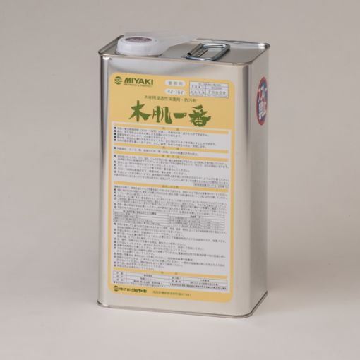 木肌一番 　4L　＃木材用浸透性保護剤・防汚剤　＃木肌一番は乾燥時間が速く（30分～1時間）、作業性が良く、塗りムラができません。 風化・劣化を抑制し白木の美しさを保ちます。 塗膜を形成しないので、木の香りを保ちます。 防汚性に優れ、汚れを付きにくくし、また汚れても水拭き等で落とすことができます。 木材の吸水率を著しく低下させ、カビ・腐食・ぬめり等の発生を抑制します。＃ミヤキ　＃20250522 　＃DPM