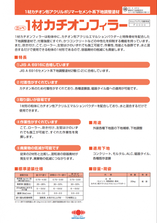 ニッペ1材カチオンフィラー　20KG　＃1材カチオン形アクリルポリマーセメント系下地調整塗材　＃水と混合するだけで使用できる1材タイプのカチオン形セメント系下地調整塗材。＃日本ペイント