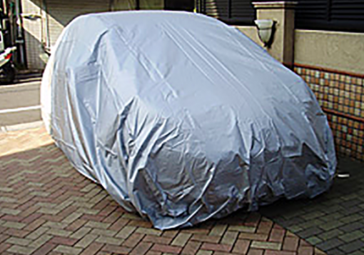 撥水布製　自動車カバー　RV用　＃繰り返し使用できるシルバー撥水布地を使用した自動車カバーです。裾に強力ゴム、風飛び防止ベルトで風の強い日でも安心です。
