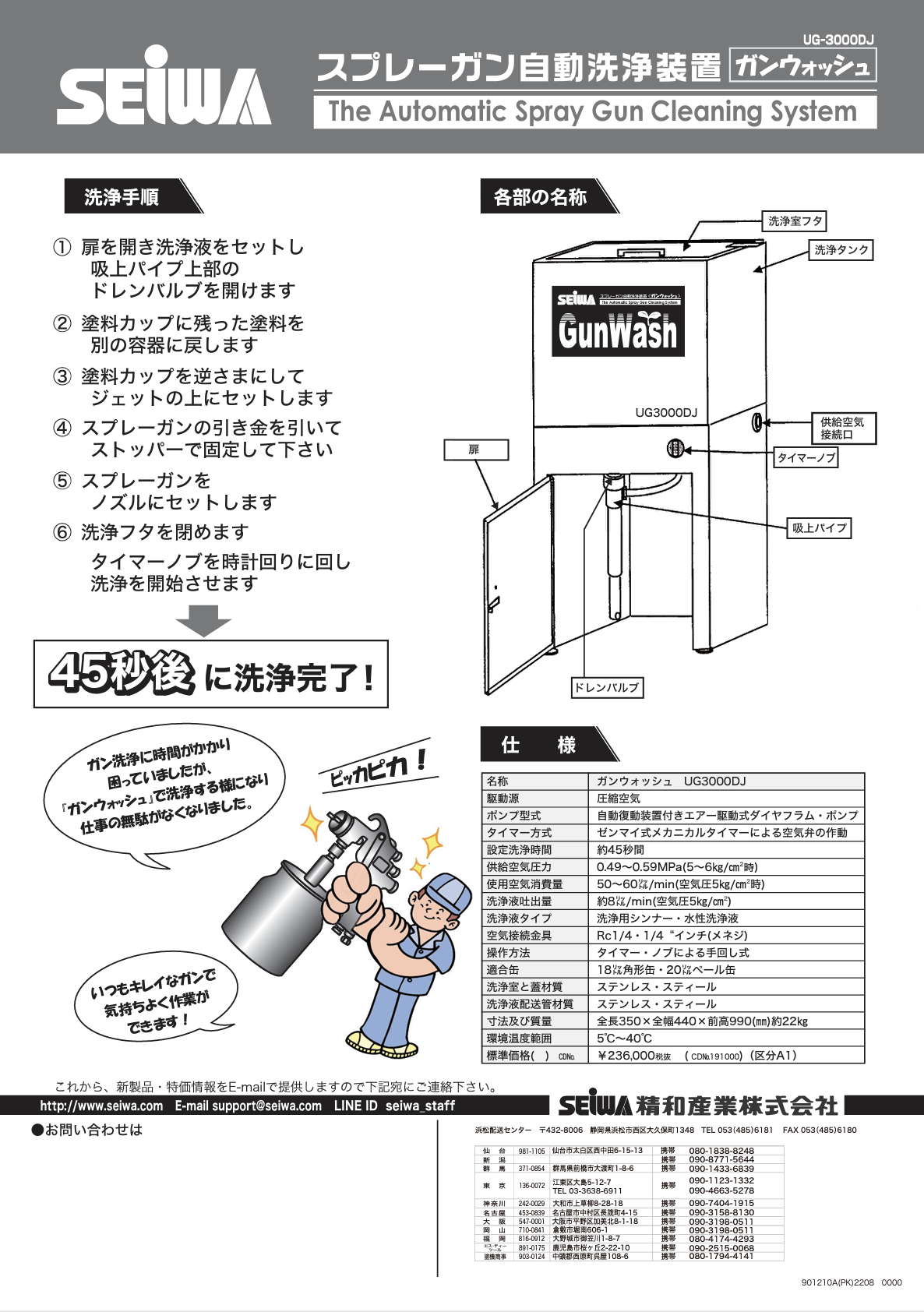 ガンウォッシュ UG-3000DJ ＃スプレーガン自動洗浄装置 一度に2丁まで洗えます ＃◇ガン表面、塗料経路、カップを今までの1/5時間で洗浄できます。  ◇ガンをセットしたらタイマーを回して45秒で洗浄完了 ◇フタを開けると停止する安全装置付き！ ＃精和産業 ＃191000 ...