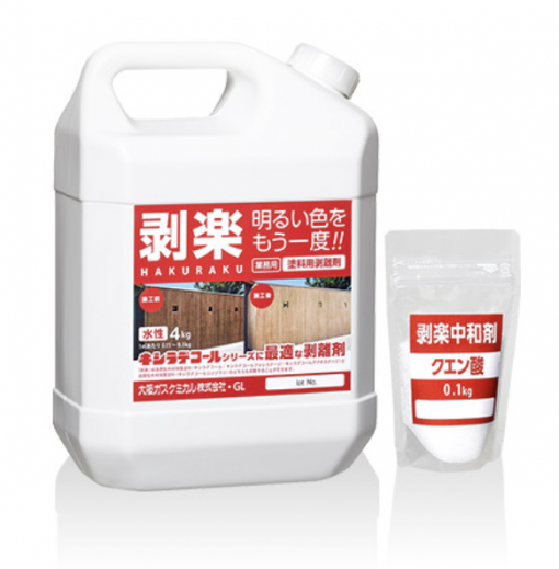剥楽　4KG　浸透型木材保護塗料と造膜型木材保護塗料のどちらも剥離することができます。