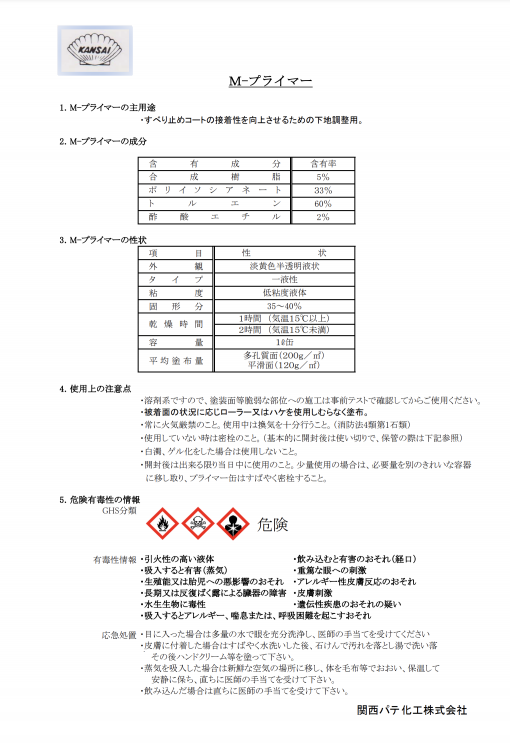 Mプライマー　1L　亜鉛メッキ面や鉄板（車輌往来時）への接着力向上に！　＃関西パテ