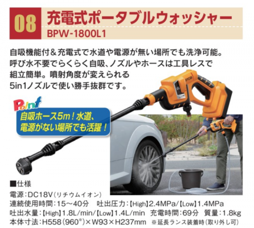 充電式ポータブルウォッシャー　BPW-1800L1　＃20210701