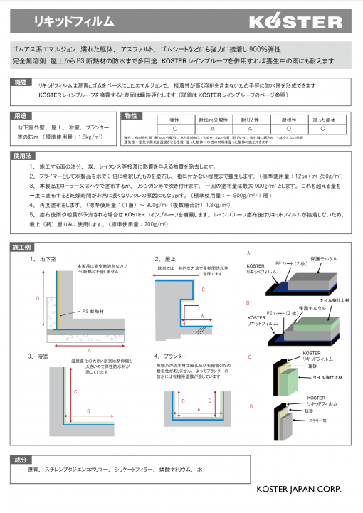 リキッドフィルム　24KG　ゴムアス系エマルジョン　濡れた躯体、アスファルト、ゴムシートなどにも接着し900％弾性。