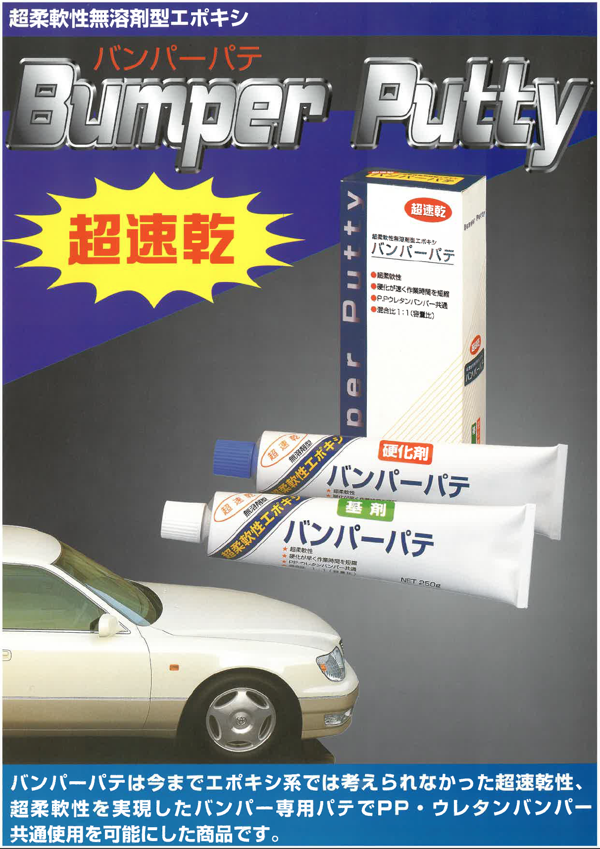 バンパーパテ 500gセット（基剤125g×2、硬化剤125g×2）＃超柔軟性無溶剤型エポキシ ＃超速乾 ＃関西パテ化工 – 