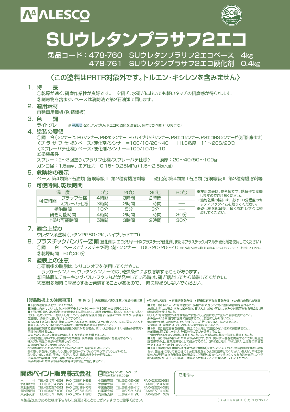 478-760 SUウレタンプラサフ2エコベース 4KG ＃関西ペイント –