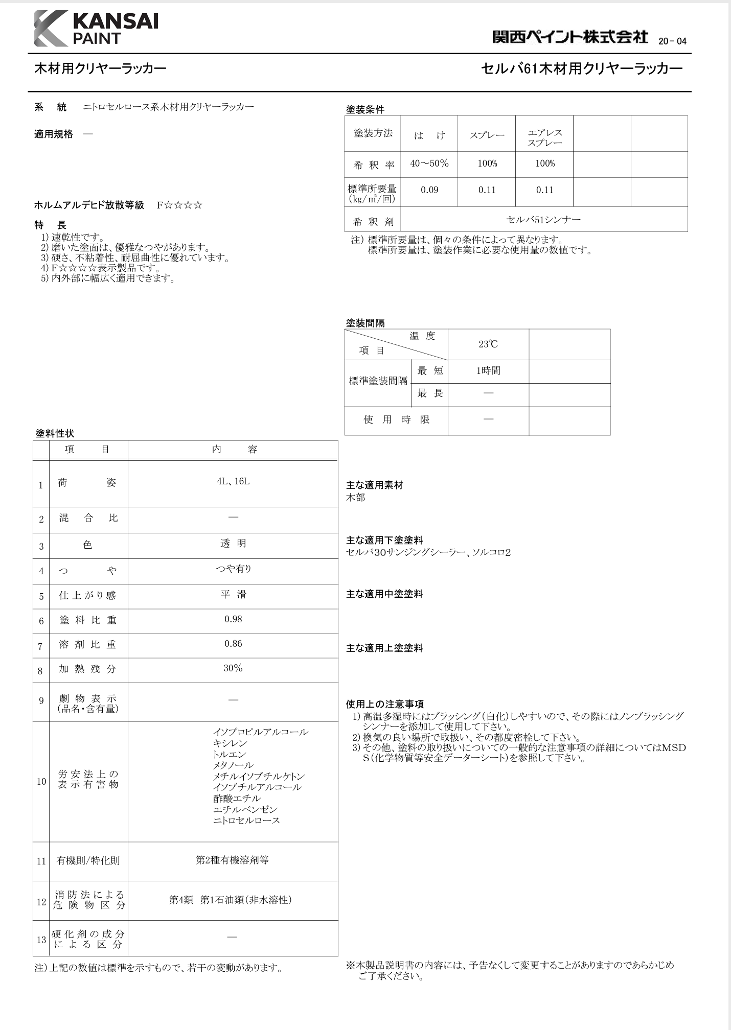 セルバ61木材用クリヤーラッカー